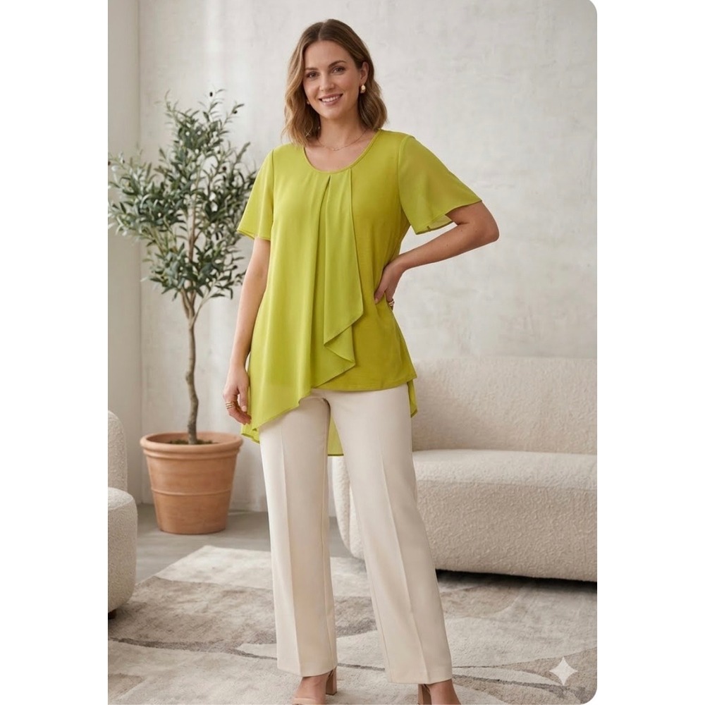 Miilla Tunic Top  M Green Layered Chiffon Asymmetrical Boh Chic Office Resort